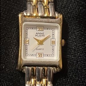 Anne Klein Watch Women Gold Tone Rectangle Black Leather Band New Battery 6.5"
